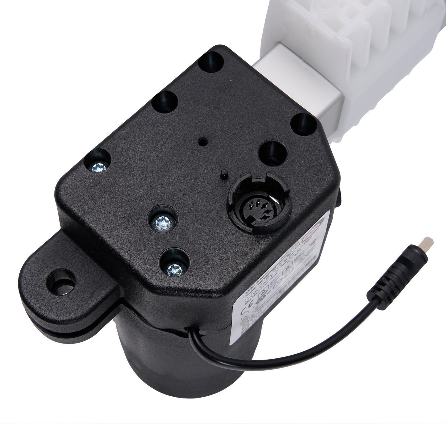 Black mechanical component with wiring on a white background