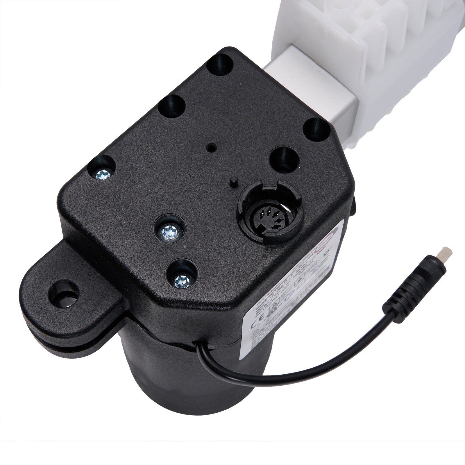 Black mechanical component with wiring on a white background