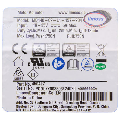 Product label for a motor actuator with various certification logos and technical specifications.