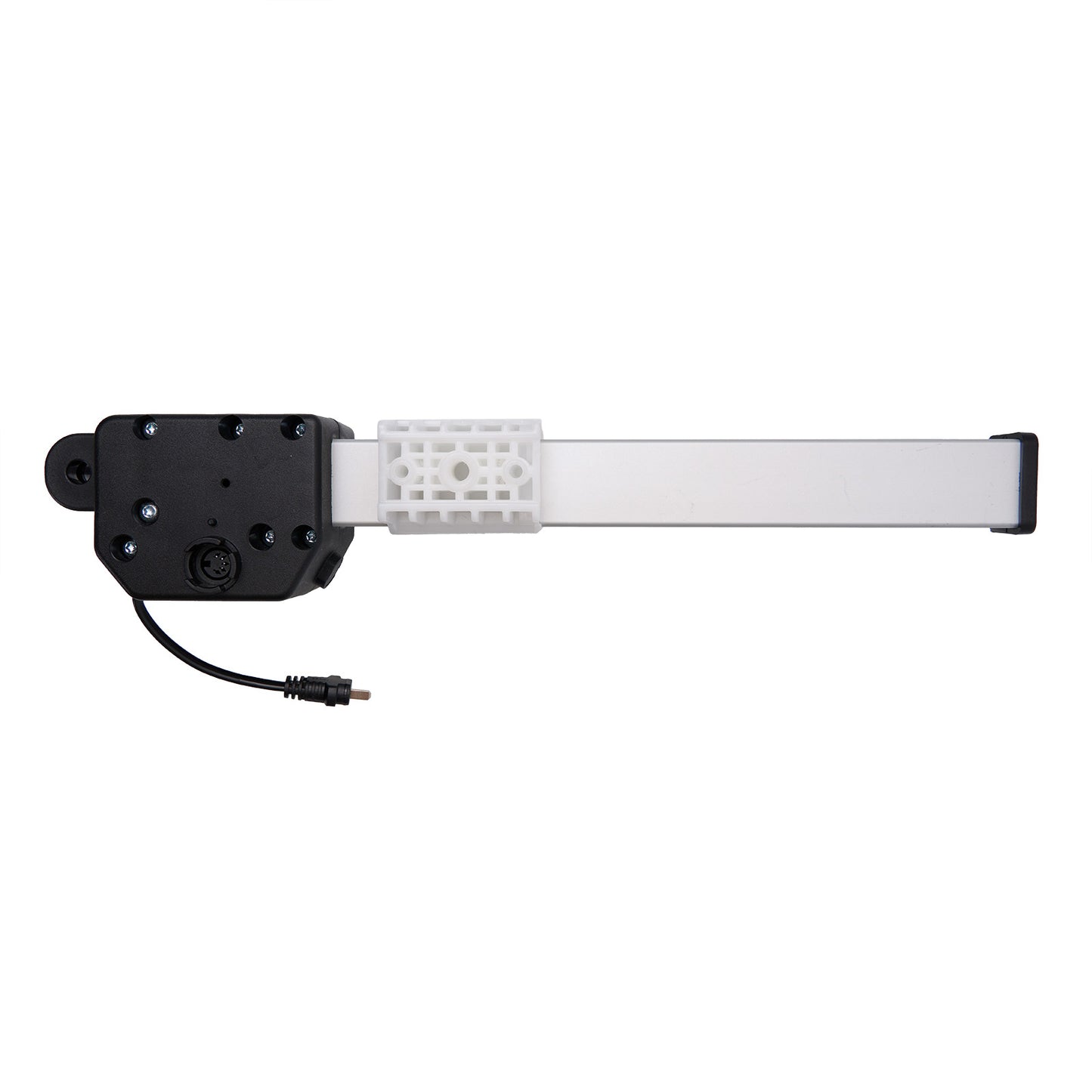 Mechanical arm with a white cylindrical component and black base on a white background