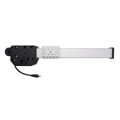 Mechanical arm with a white cylindrical component and black base on a white background