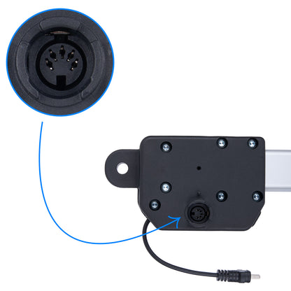 Mechanical component with wiring and close-up of a connector on a white background