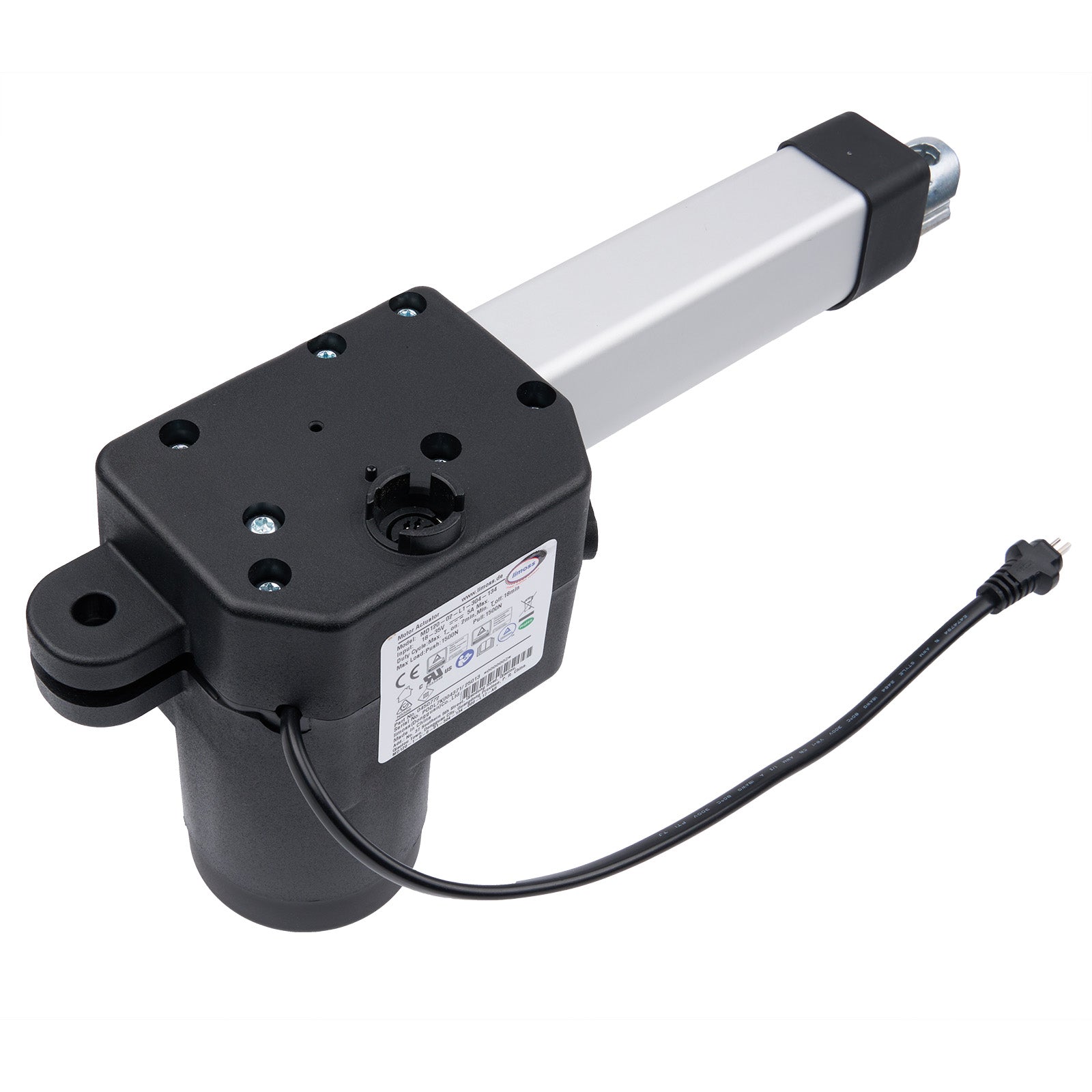 Mechanical actuator with black housing and white rod on a white background