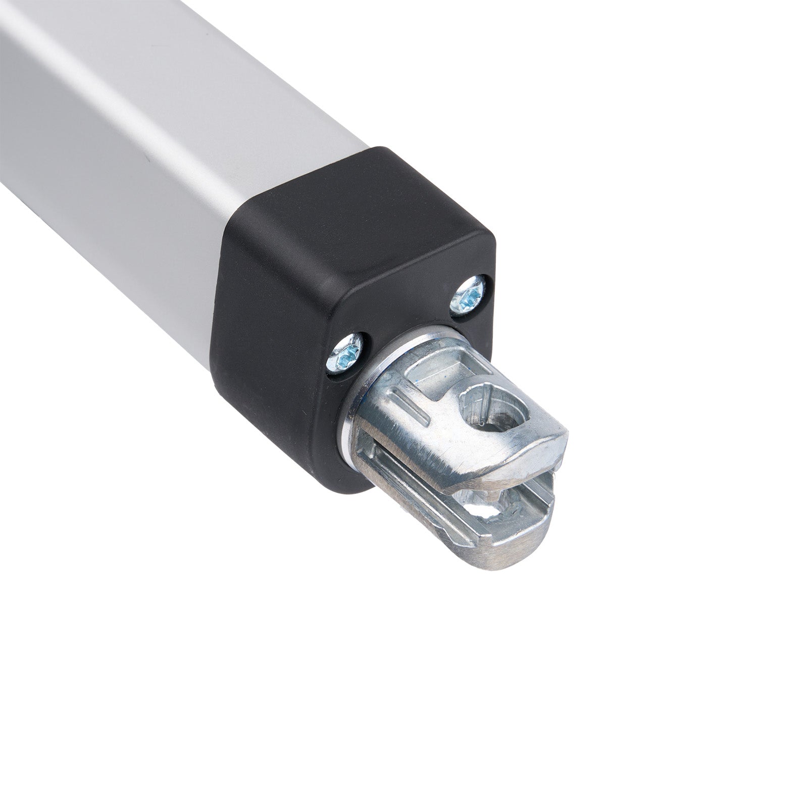 Close-up of a metal rod with a black cylindrical component on a white background