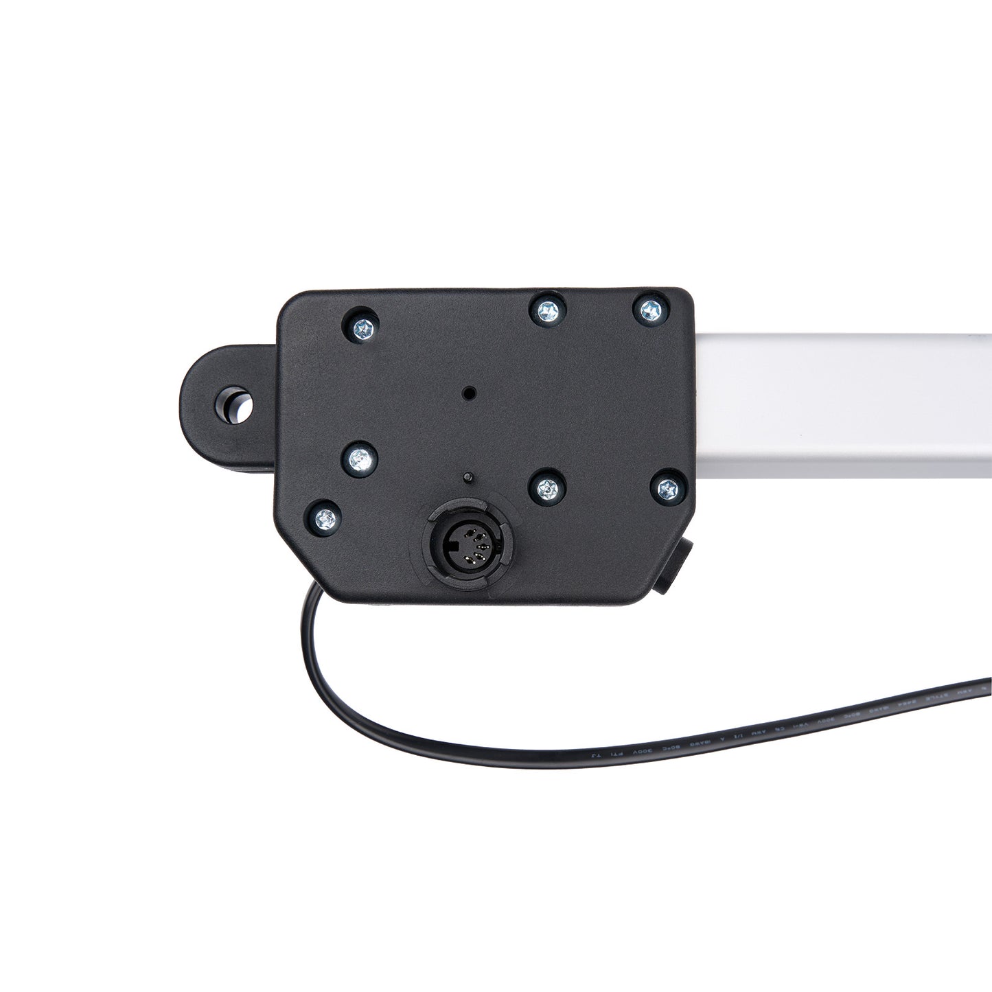 Black mechanical component with a white rod on a white background
