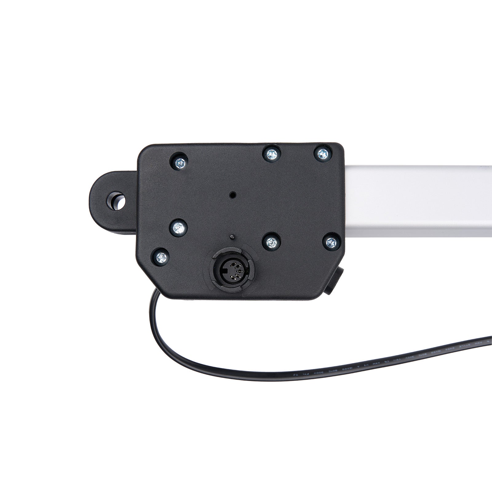 Black mechanical component with a white rod on a white background
