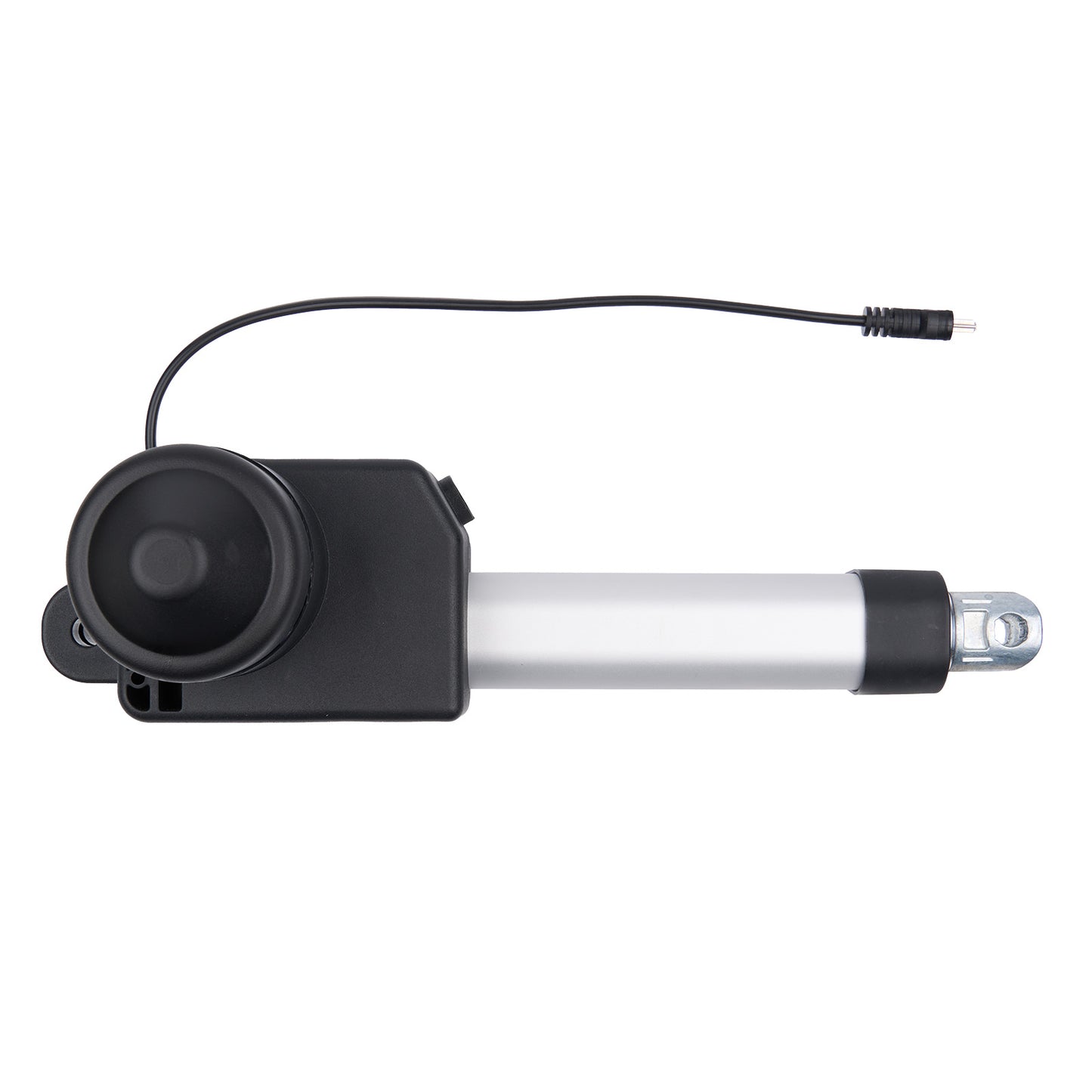 Black and silver linear actuator with a cable on a white background