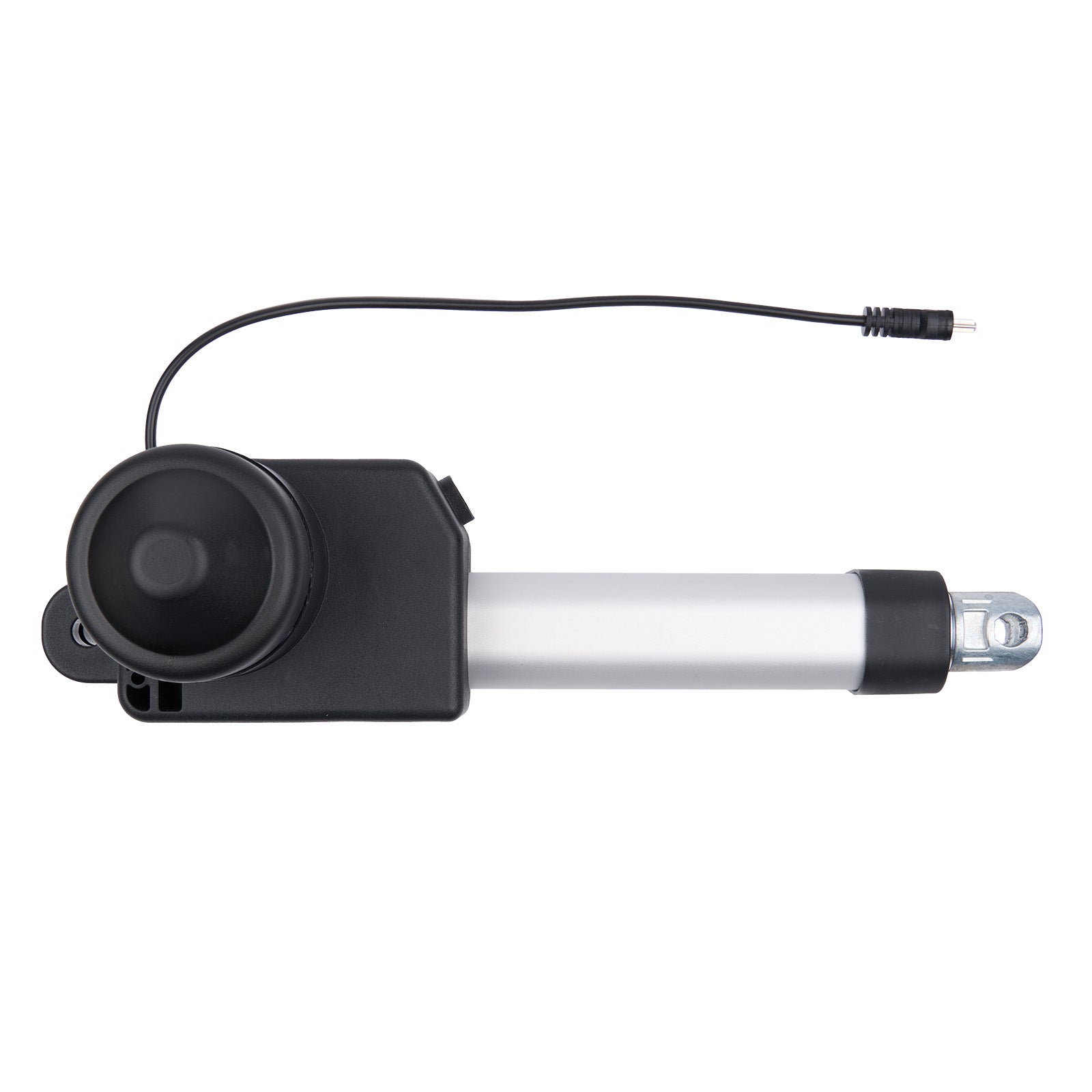 Black and silver linear actuator with a cable on a white background