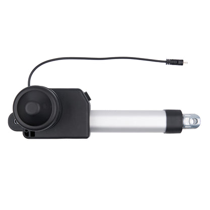 Black and silver linear actuator with a cable on a white background