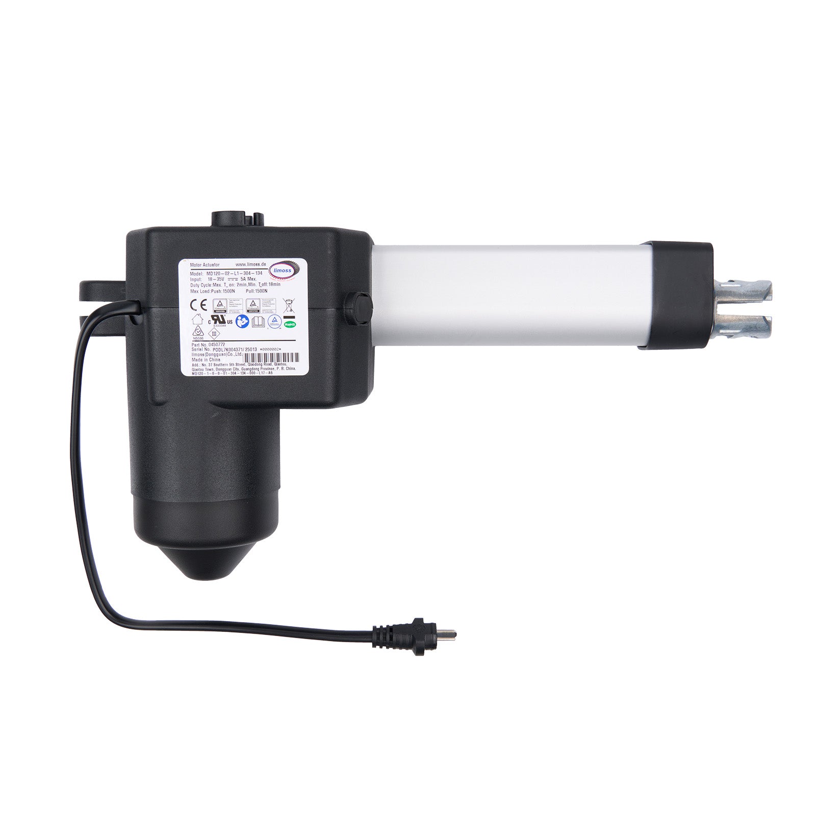 Electric actuator with black housing and white cylindrical component on a white background