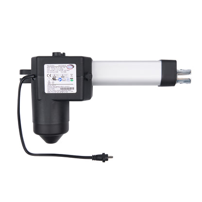 Electric actuator with black housing and white cylindrical component on a white background