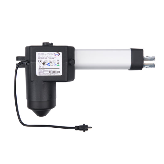 Electric actuator with black housing and white cylindrical component on a white background