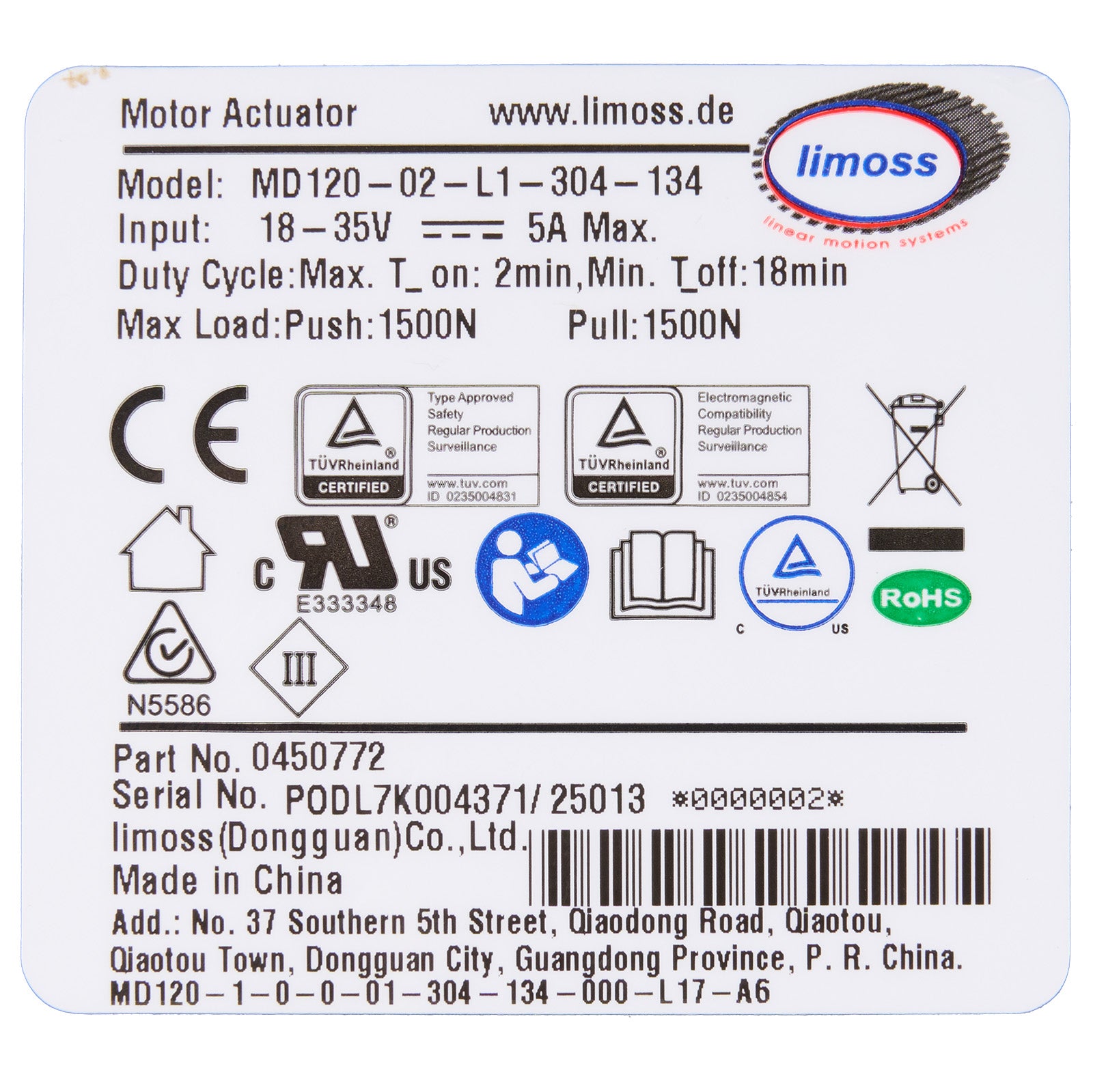 Product label with technical specifications and branding for limoss motor actuator