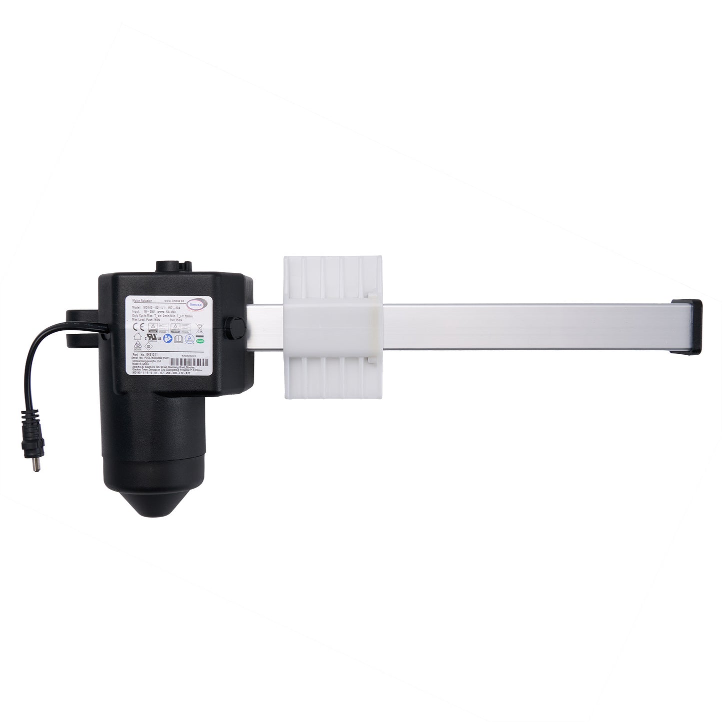A black motor actuator for a recliner or lift chair, with a white shaft and an attached cable.