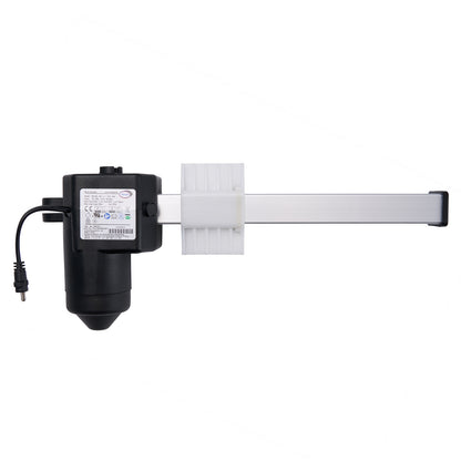 A black motor actuator for a recliner or lift chair, with a white shaft and an attached cable.