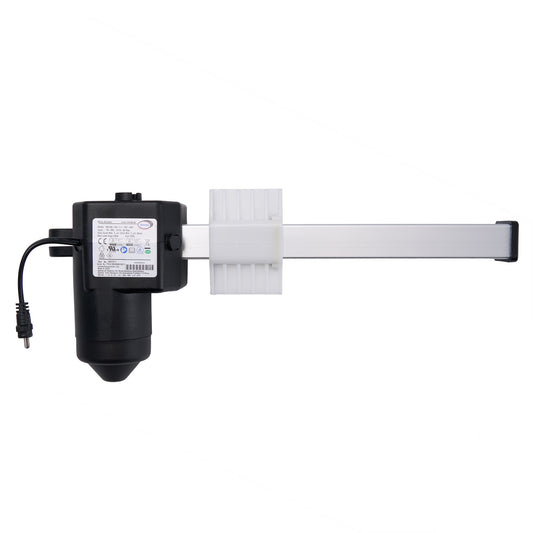A black motor actuator for a recliner or lift chair, with a white shaft and an attached cable.