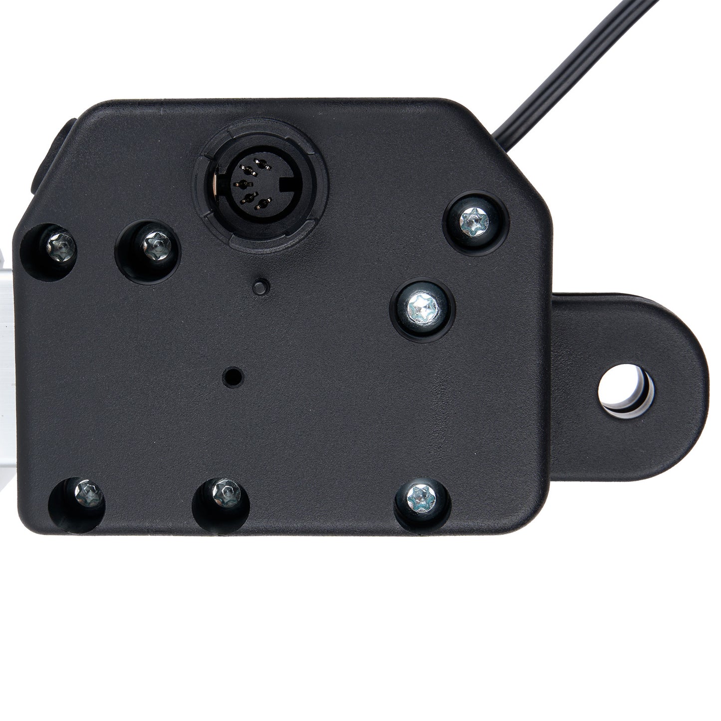 Black mechanical component with screws on a white background