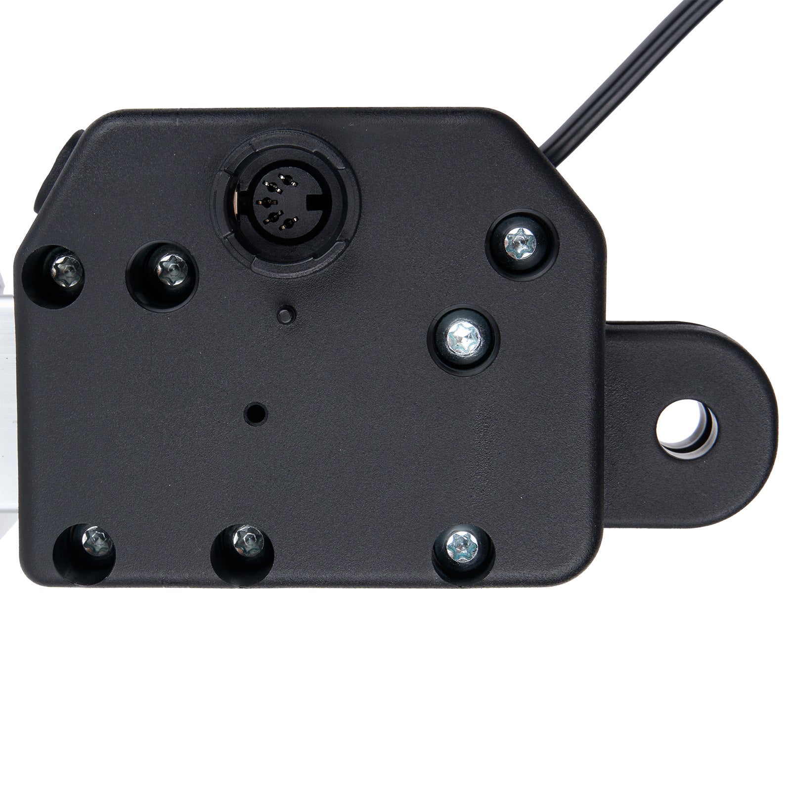Black mechanical component with screws on a white background