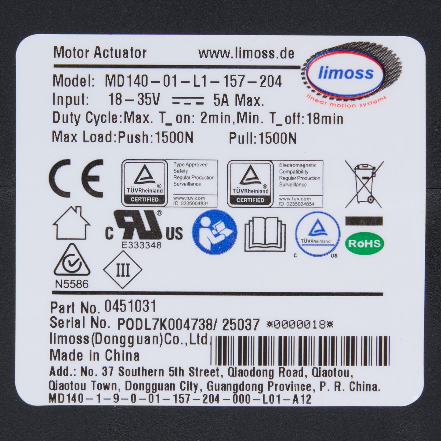 Label with technical specifications and certification logos on a black background