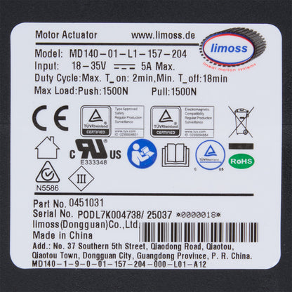 Label with technical specifications and certification logos on a black background