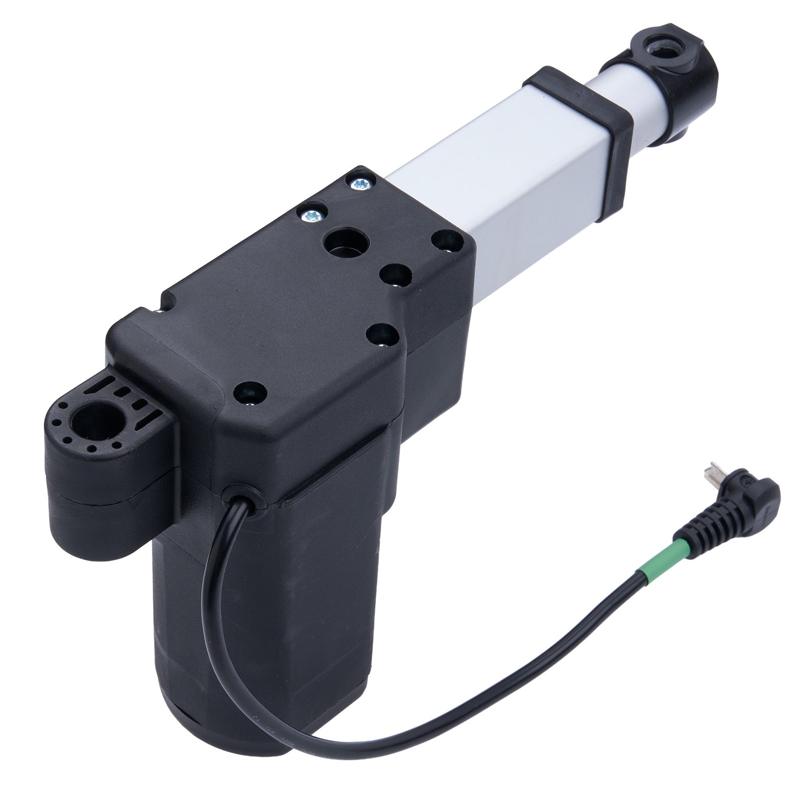 Black and white actuator with power cord on a white background