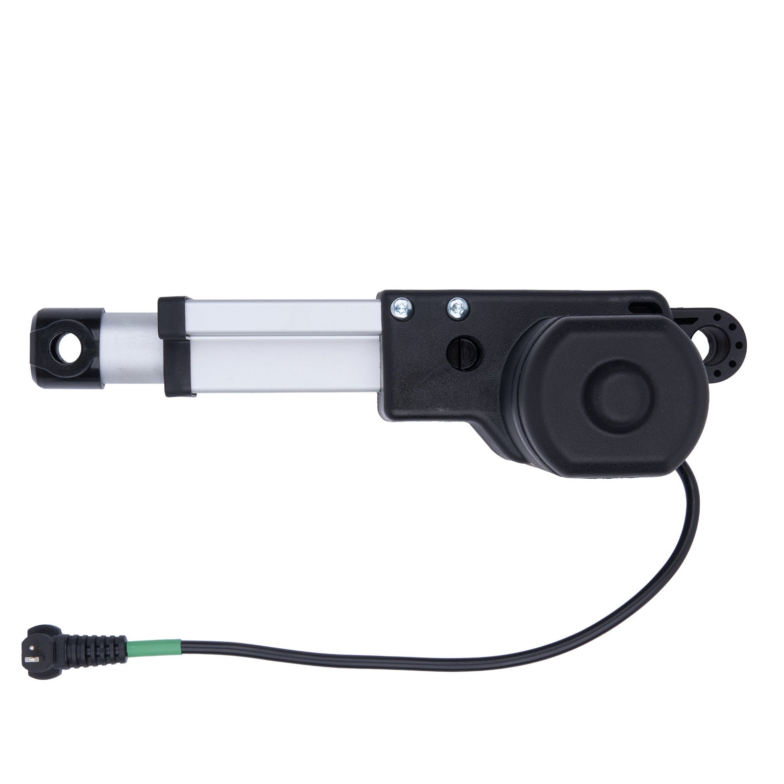 Black linear actuator with a white cylindrical component on a white background