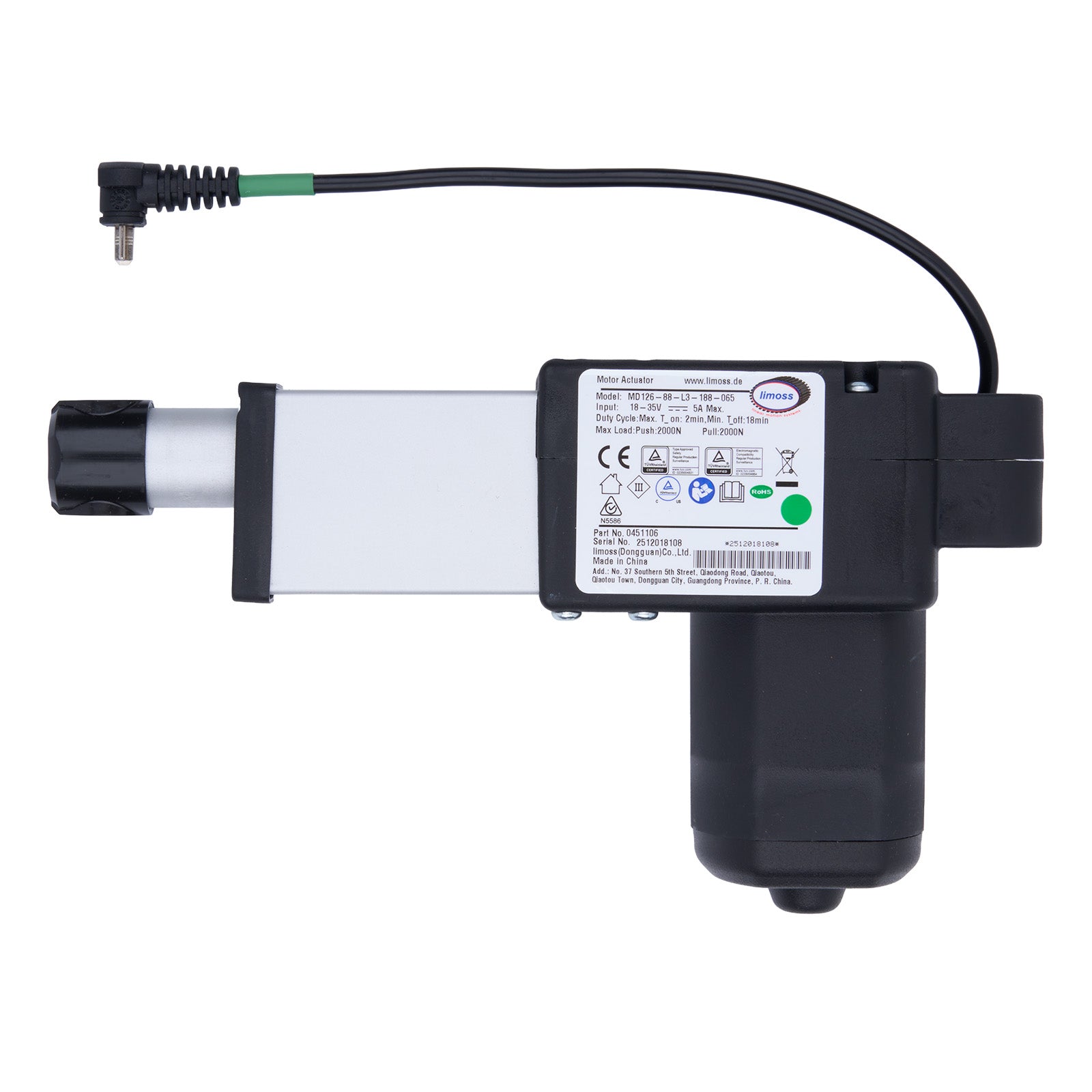 Electrical component with black casing and white label on a white background