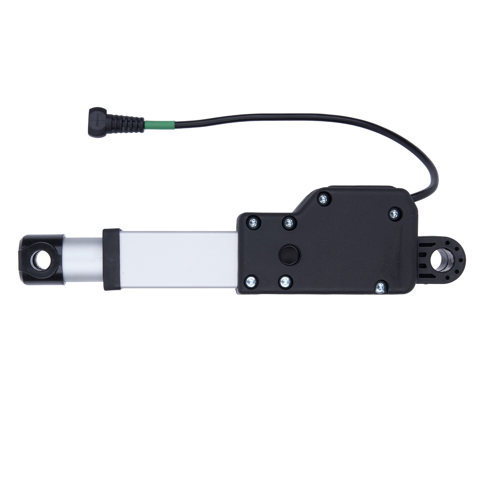 Mechanical component with a black housing and white actuator on a white background