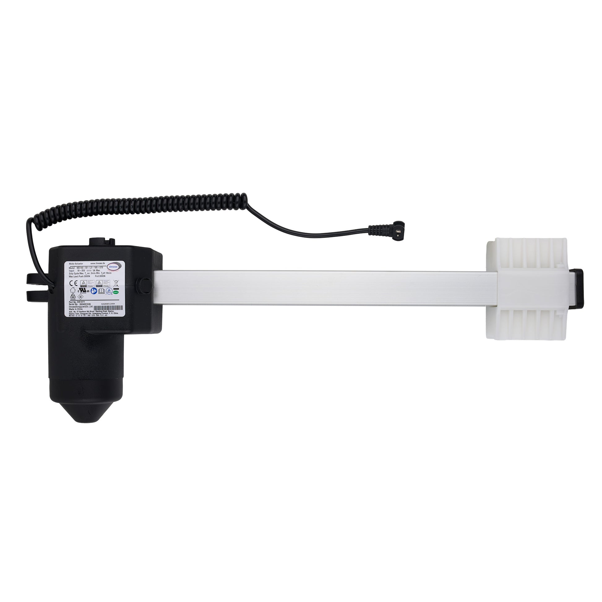 Mechanical component with black housing and white rod on a white background