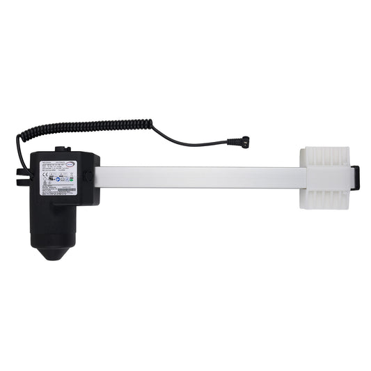 Mechanical component with black housing and white rod on a white background