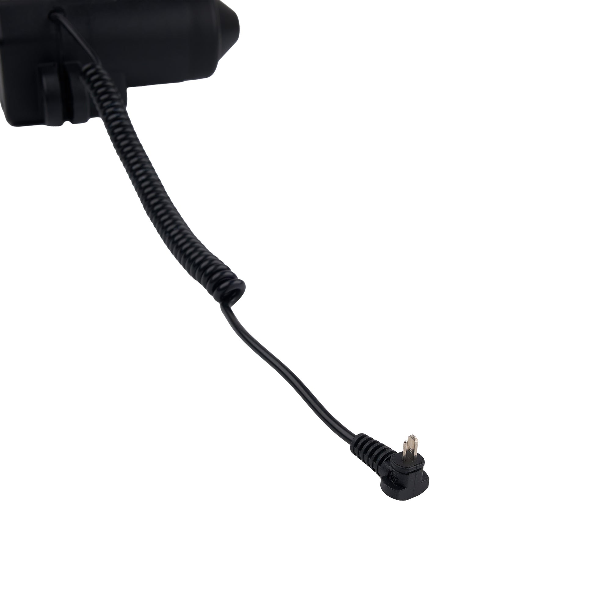 Black coiled cable with a plug on a white background
