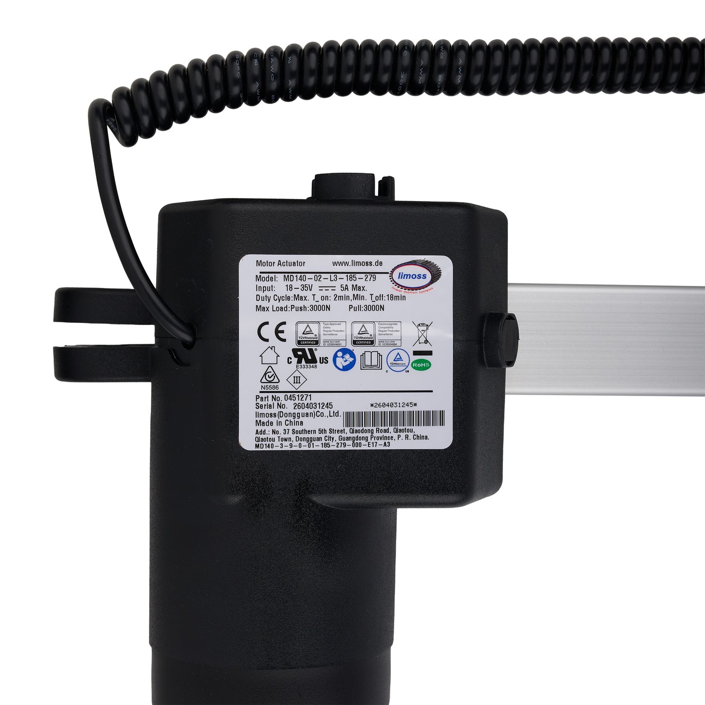 Black motor actuator with coiled cable on a white background