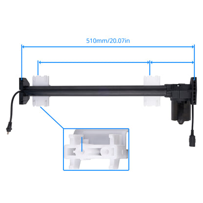 Black linear actuator pump with white plastic mounting brackets and a power cord, shown on a white background with blue dimension lines indicating 510mm length and a close-up inset of the bracket detail.