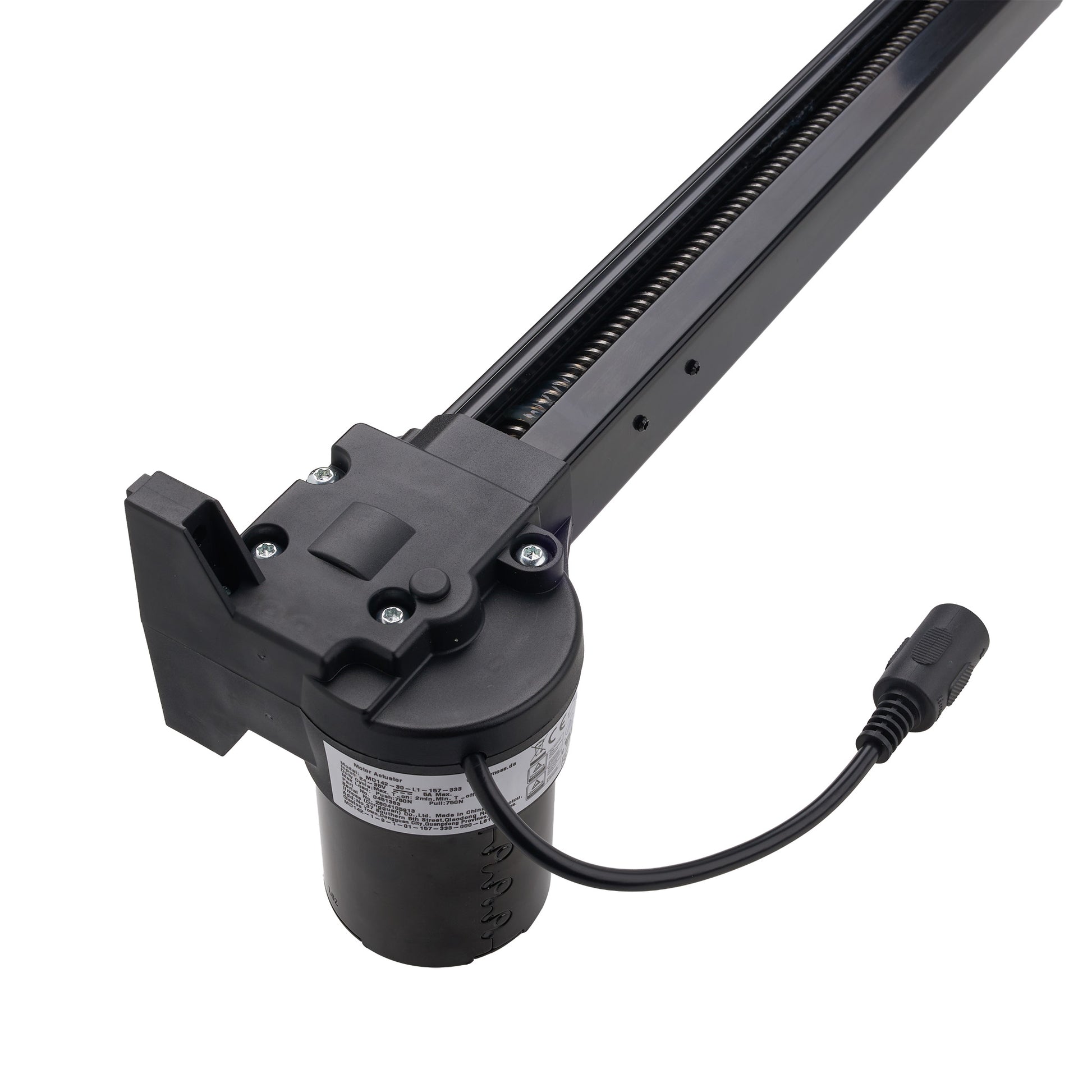 Black linear motor slide rail assembly with an attached power cable connector, shown on a plain white background.