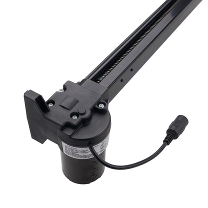 Black linear motor slide rail assembly with an attached power cable connector, shown on a plain white background.