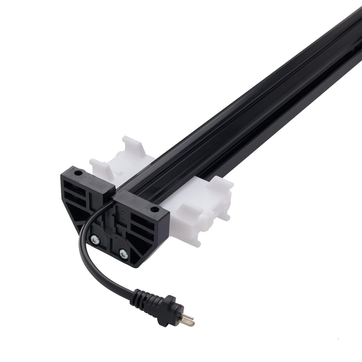 A black linear light bar with white plastic mounting clips and a black power cord with a plug, shown on a plain white background.
