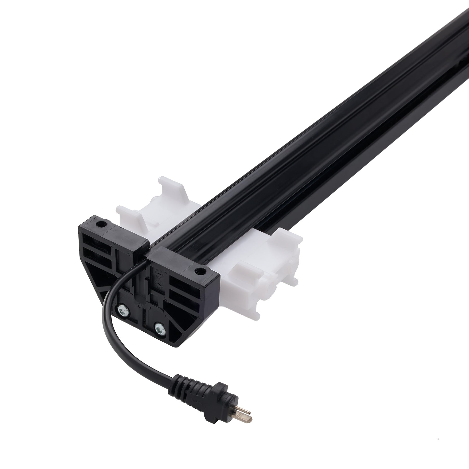 A black linear light bar with white plastic mounting clips and a black power cord with a plug, shown on a plain white background.