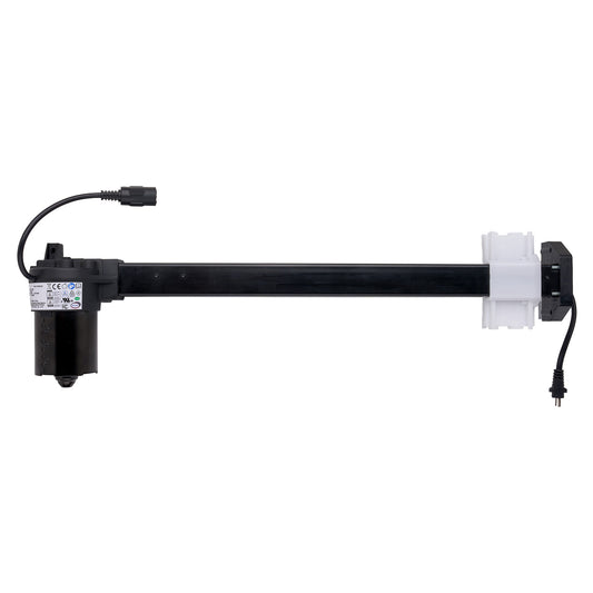 A black and white linear motor slide bar with an attached black power cable and connector, shown against a plain white background.