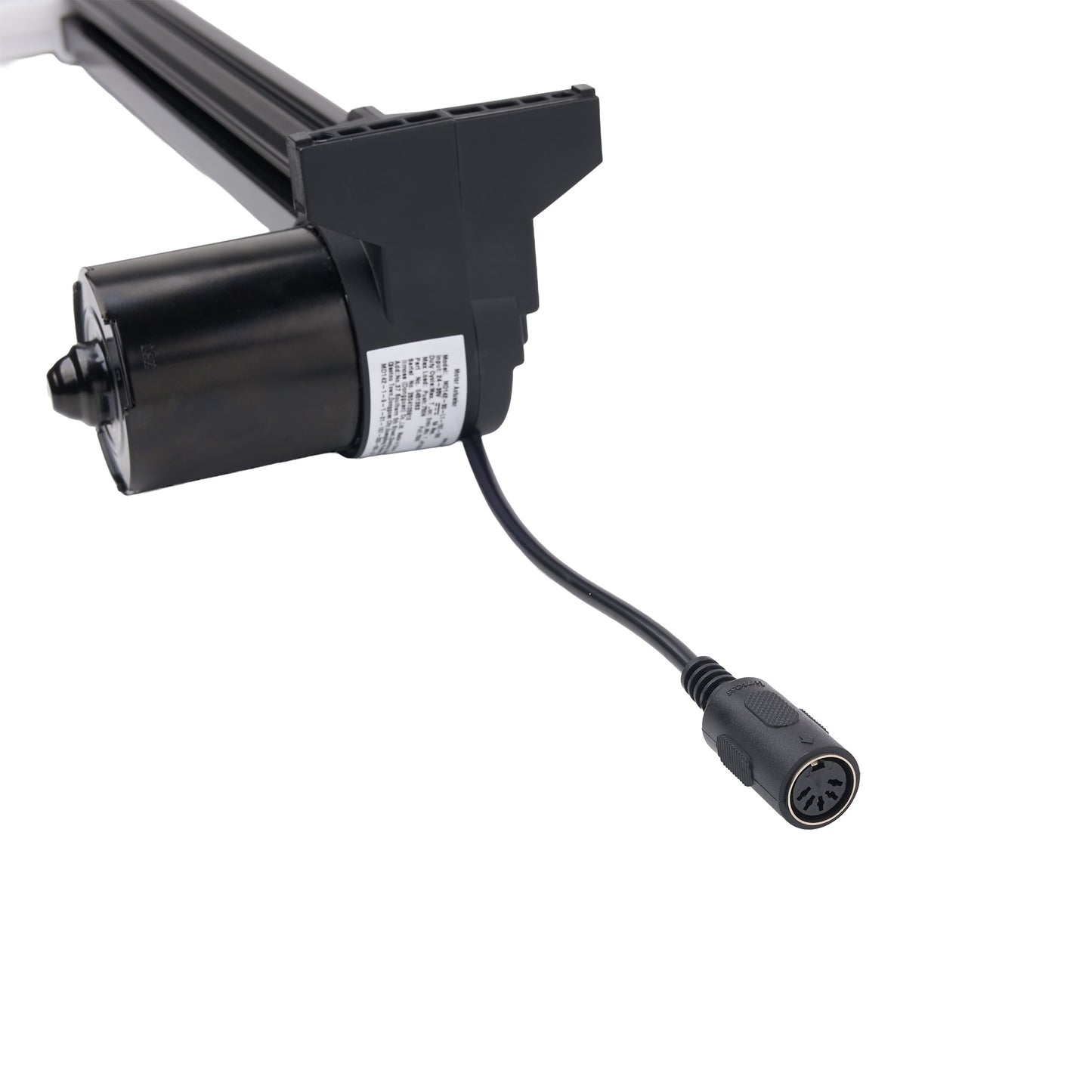 A close-up of a black electric linear motor or encoder assembly with a power cable connector, shown on a plain white background.