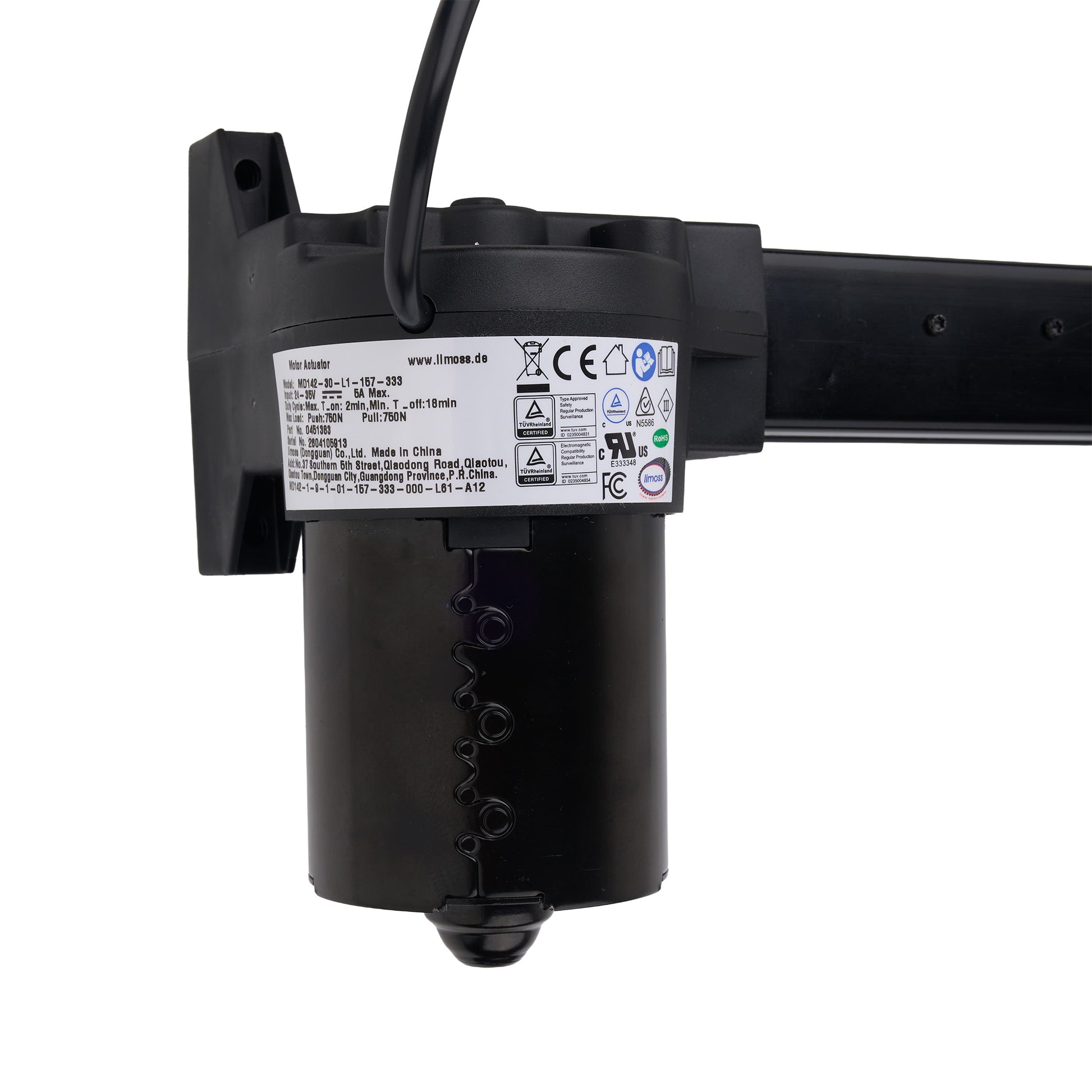 Black electric motorized window blind or roller shutter motor with a power cable and a white technical specification label, shown against a plain white background.