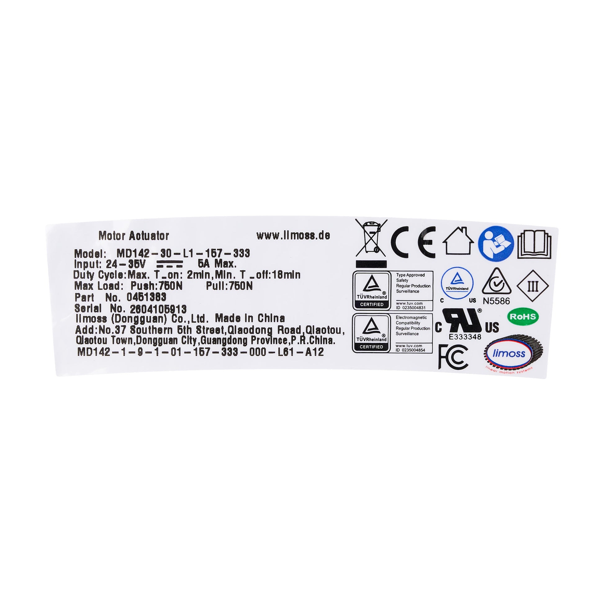 A white rectangular label with black printed specifications and certification marks for a Limoss motor actuator, photographed on a white background.