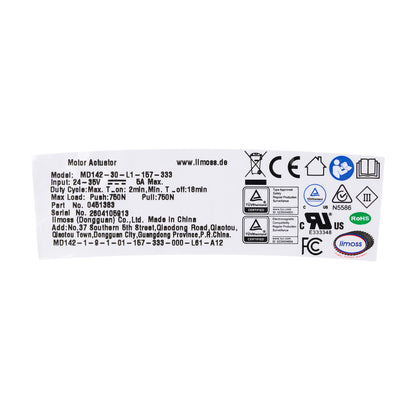 A white rectangular label with black printed specifications and certification marks for a Limoss motor actuator, photographed on a white background.