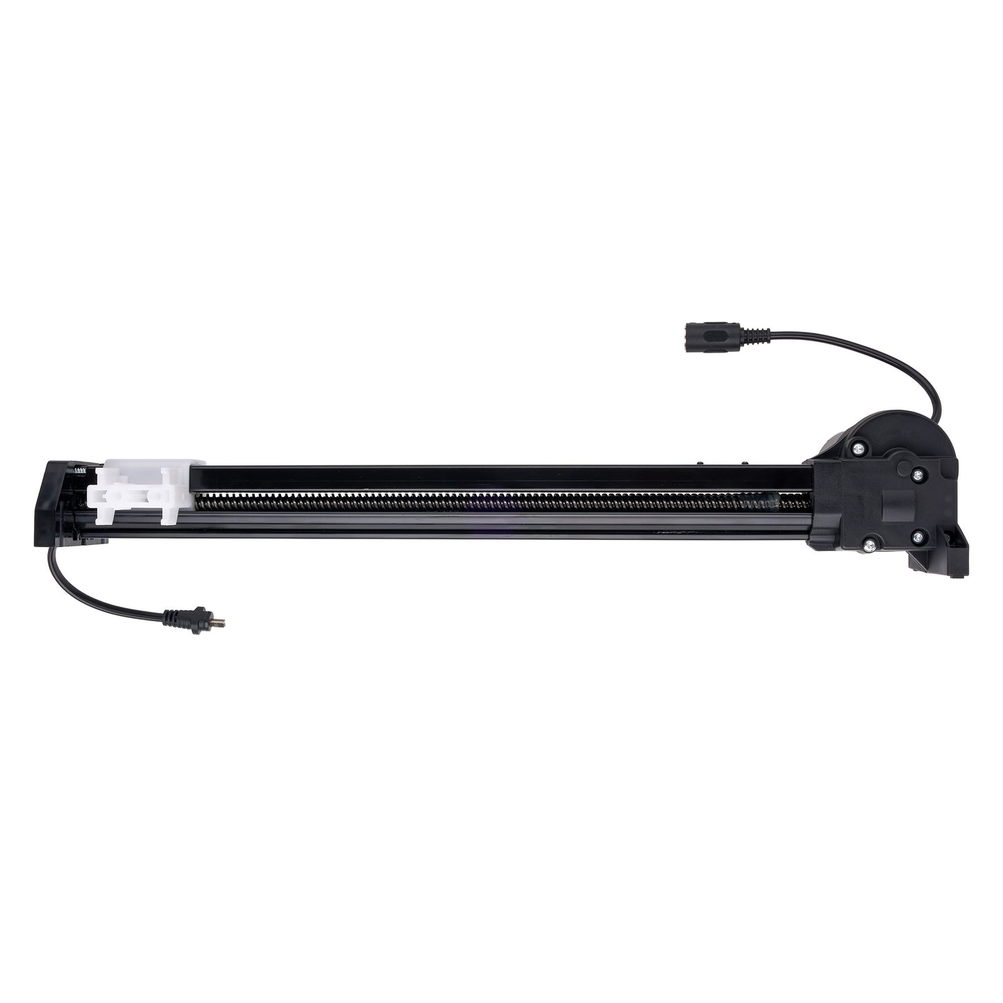 A black linear slide rail assembly with a threaded rod, featuring a black motor housing, a clear plastic end cap, and two black electrical connector wires on a solid white background.