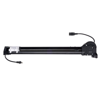 A black linear slide rail assembly with a threaded rod, featuring a black motor housing, a clear plastic end cap, and two black electrical connector wires on a solid white background.