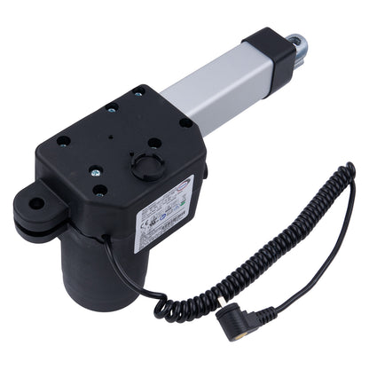 Mechanical actuator with black housing and coiled cable on a white background