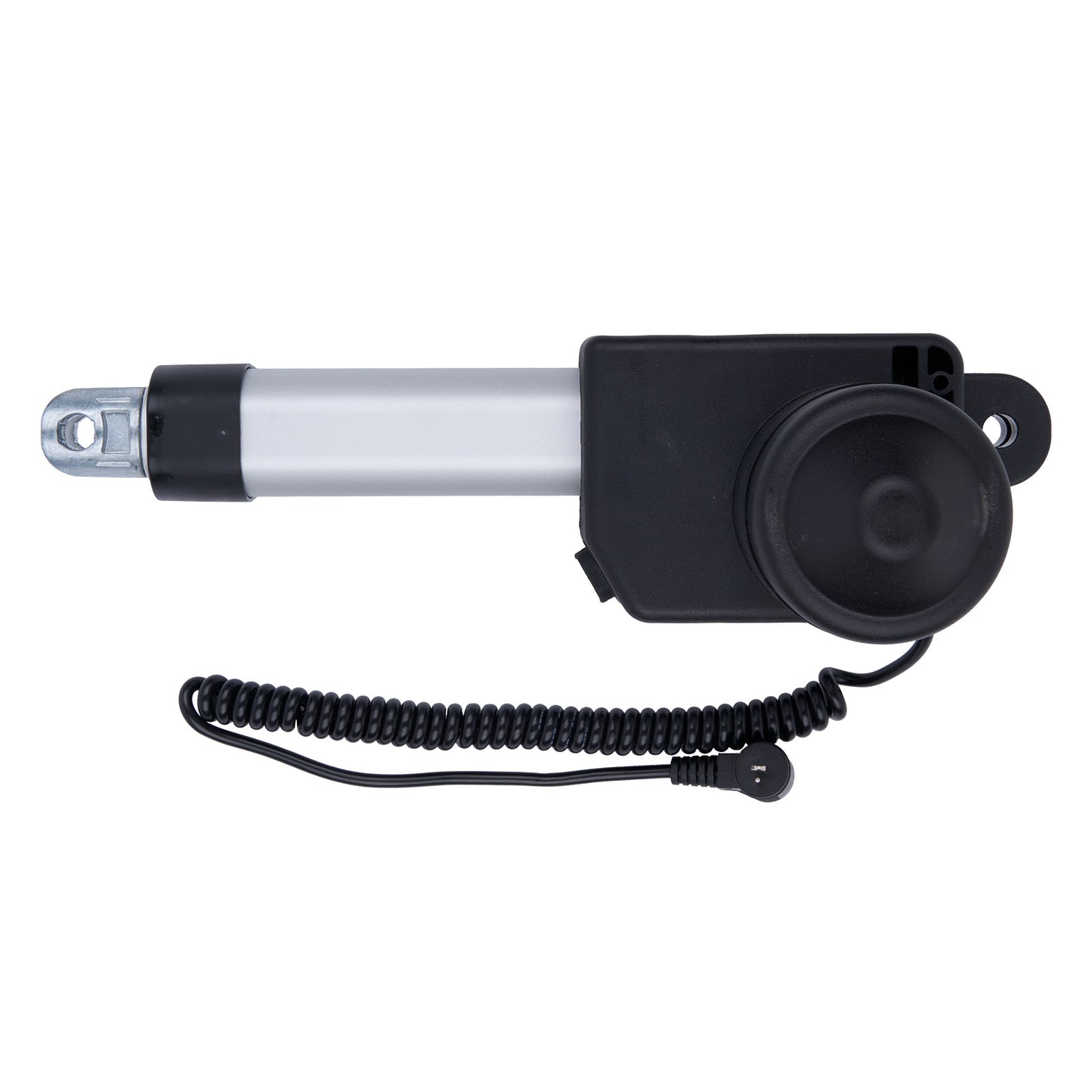 Black and silver actuator with coiled cable on a white background
