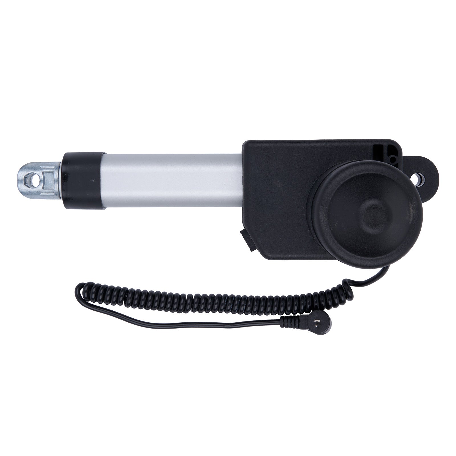 Black and silver actuator with coiled cable on a white background