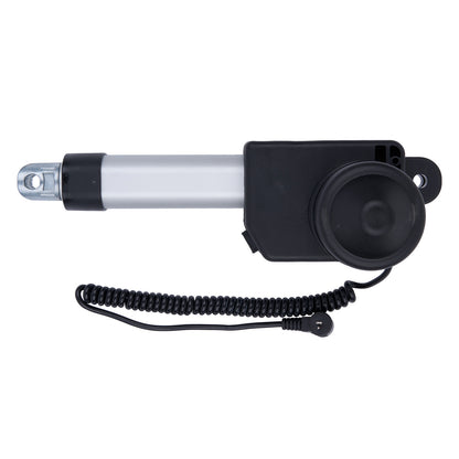 Black and silver actuator with coiled cable on a white background