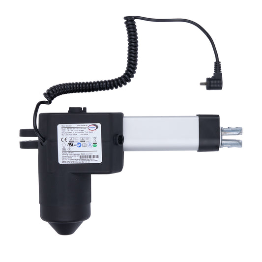 Black and white mechanical component with coiled cable on a white background