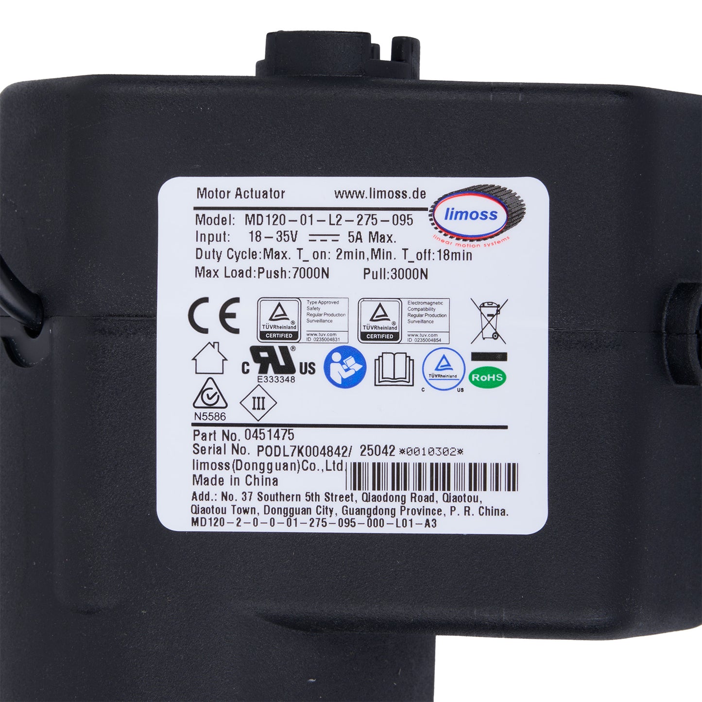 Black motor actuator with limoss label on a white background